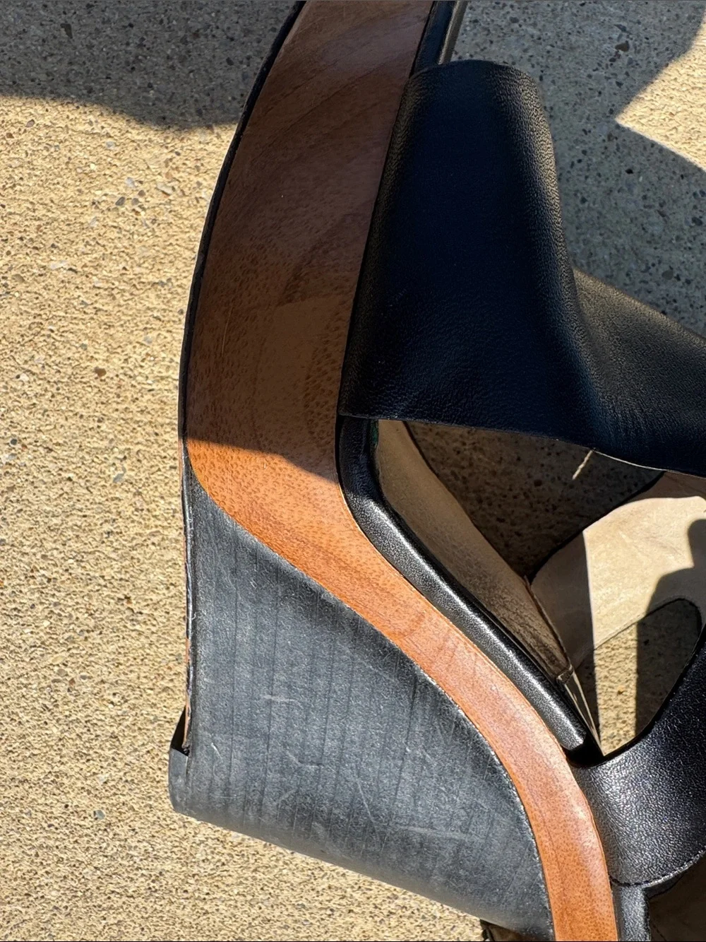 MICHAEL Michael Kors Black Leather Wedge Sandals with Wood-Tone Platform 4 1/2